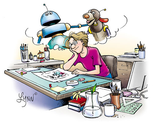 Lynn imagining the Alottabotz world at her desk.